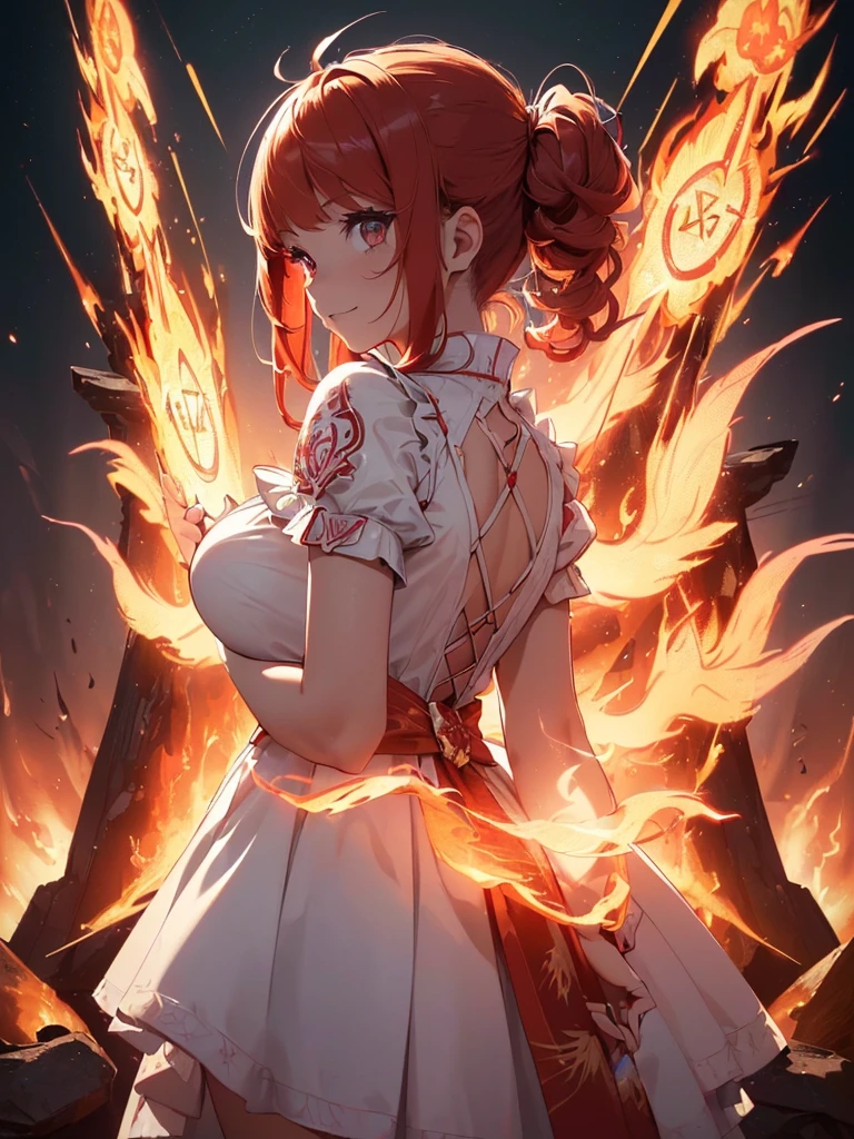 (((best quality, sharp image, clear image, cinematic lighting, 8k resolution, masterpiece, ultra detailed, intricate))) Girl, (((looking over left shoulder))), (shot from behind), ((half shot)), fiery red hair, pigtails, ((white dress)), ((flaming sigils, flaming runes)), spiky rock formations, (flaming lotus flowers frame), (intricate background), ((Phoenix)), (swirling flames), smiling