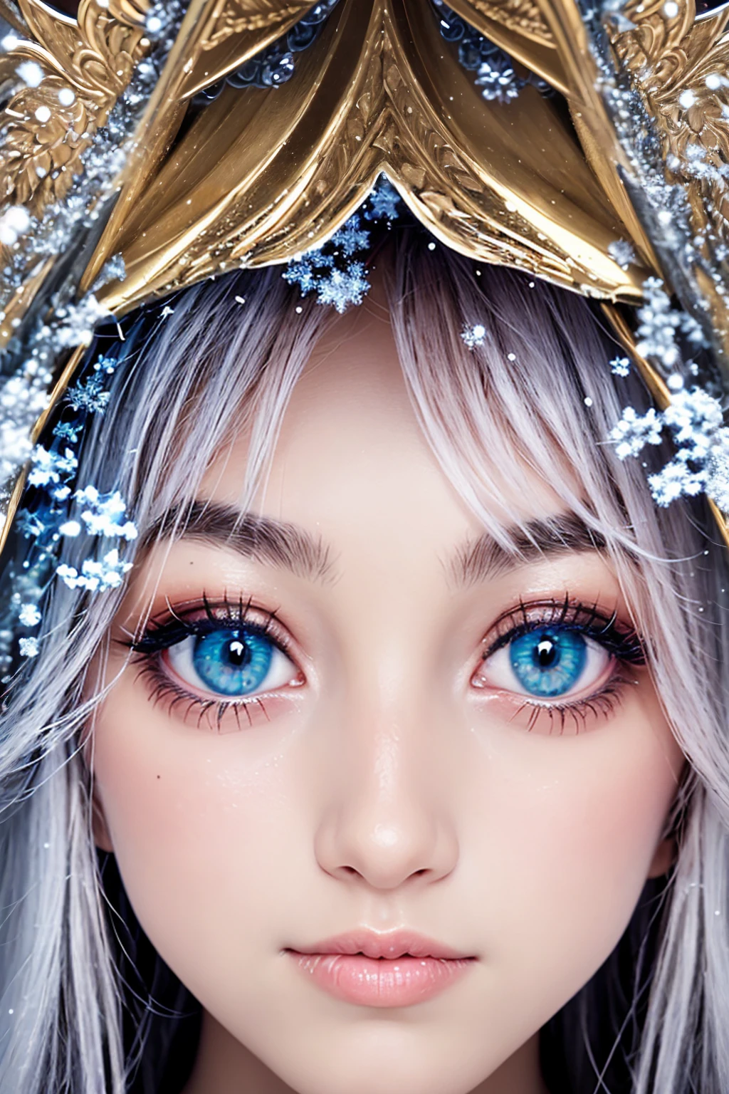 (colorful photo, many colors:1.2) from front, looking straight at viewer, (intricate detailed eyes looking straight ahead,:1.2) symmetrical face and eyes and nose and mouth, symmetrical snow scene pattern background, ultimate parallel body to vertical, ultimate parallel face to vertical, ultimate parallel eyes to vertical,