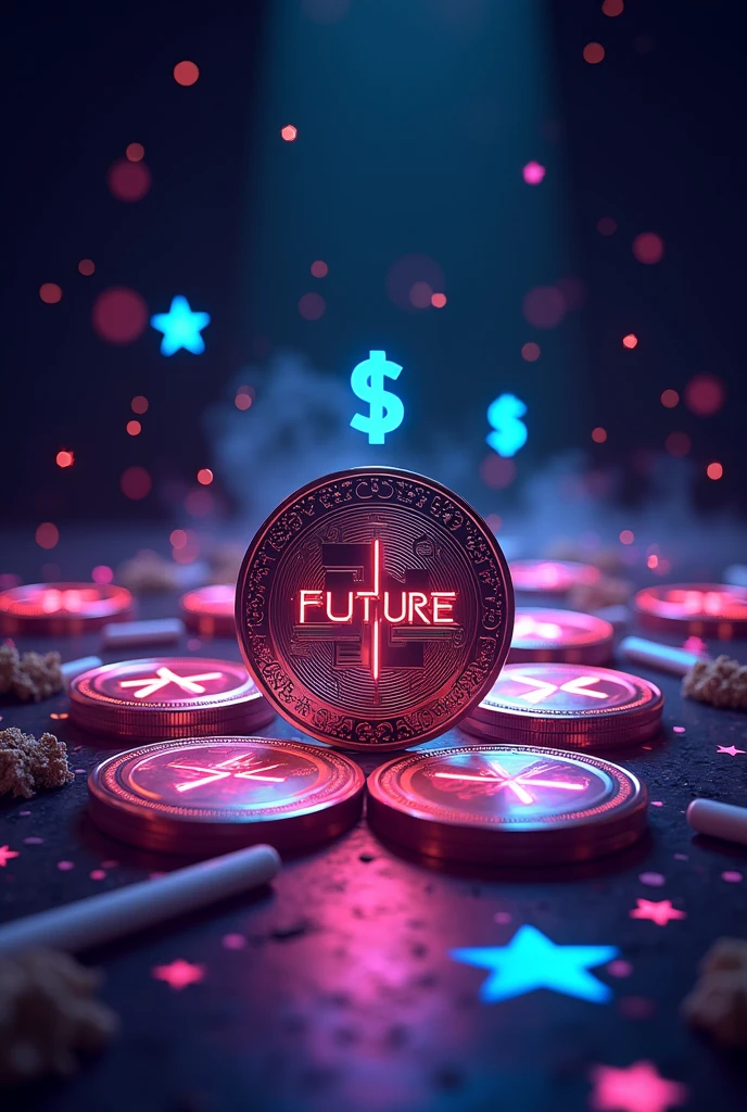 Create a 3d image of airdrop coin write future on solana on the image,dollar sign,coins,weed cigarettes,use 0x360 as dimension.