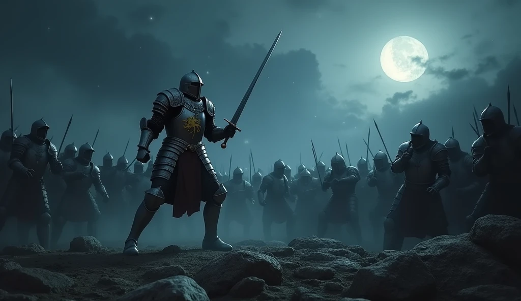 A highly realistic, high-contrast, 8K HD, detailed, hyper-detailed image of a lone knight fighting against multiple enemies under the cover of night, giving everything he has for the honor of his kingdom. The knight, clad in steel armor with a lion emblem on his chest, is surrounded by foes on all sides, yet he stands resolute, wielding his sword with fierce determination. The dramatic landscape around him is illuminated only by the faint light of the moon and stars, with rugged terrain and ominous skies heightening the intensity of the battle. The atmosphere is tense and heroic, capturing the knight's courage and unyielding spirit as he fights against overwhelming odds in the darkness. The image is of the highest quality, with ultra-high resolution, RAW photo quality, and Unreal Engine rendering, portraying the lone knight's valor and the epic nature of his struggle under the night sky.
