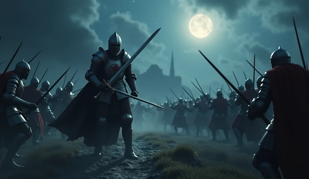 A highly realistic, high-contrast, 8K HD, detailed, hyper-detailed image of a lone knight fighting against multiple enemies under the cover of night, giving everything he has for the honor of his kingdom. The knight, clad in steel armor with a lion emblem on his chest, is surrounded by foes on all sides, yet he stands resolute, wielding his sword with fierce determination. The dramatic landscape around him is illuminated only by the faint light of the moon and stars, with rugged terrain and ominous skies heightening the intensity of the battle. The atmosphere is tense and heroic, capturing the knight's courage and unyielding spirit as he fights against overwhelming odds in the darkness. The image is of the highest quality, with ultra-high resolution, RAW photo quality, and Unreal Engine rendering, portraying the lone knight's valor and the epic nature of his struggle under the night sky.
