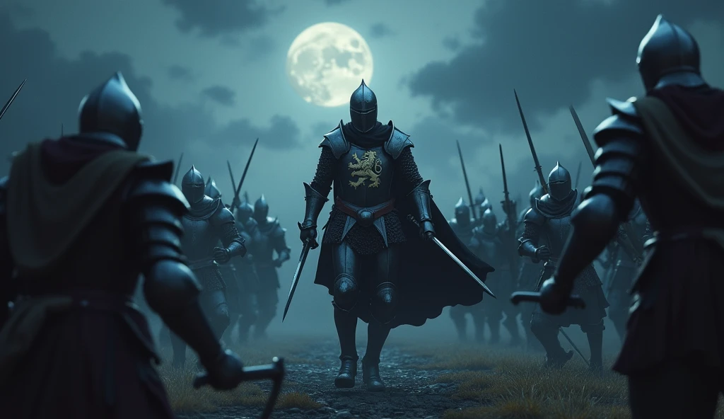 A highly realistic, high-contrast, 8K HD, detailed, hyper-detailed image of a lone knight fighting against multiple enemies under the cover of night, giving everything he has for the honor of his kingdom. The knight, clad in steel armor with a lion emblem on his chest, is surrounded by foes on all sides, yet he stands resolute, wielding his sword with fierce determination. The dramatic landscape around him is illuminated only by the faint light of the moon and stars, with rugged terrain and ominous skies heightening the intensity of the battle. The atmosphere is tense and heroic, capturing the knight's courage and unyielding spirit as he fights against overwhelming odds in the darkness. The image is of the highest quality, with ultra-high resolution, RAW photo quality, and Unreal Engine rendering, portraying the lone knight's valor and the epic nature of his struggle under the night sky.