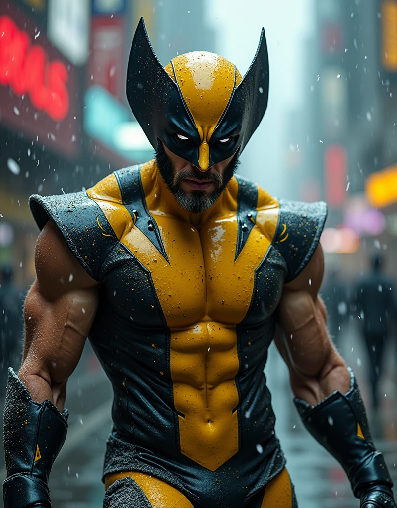 Criar umas imagens  
Actor asian Akira kaneda's wolverine as wolverine Year 2099s from X-Men's filmed by ZackSnyder, wolverine dress traje semi rasgado , fighting against thugs X-men Full body , traje rasgado semi Pearl yellow black neon-infused psicodélic fragments splash Snowflakes X-shaped stripes raytracing  fashion Week , variant angles, captured with award-winning photography technique, cinematic, dark environment, bokeh, grainy, urban-xmen setting, blurry, IMAx, filmed with Kodak portrait 400, 200mm, f2.8, high resolution, teal filter.Adicione efeitos com chuva, e. Novas cores e trajes diferente em cenas imagens feita,  