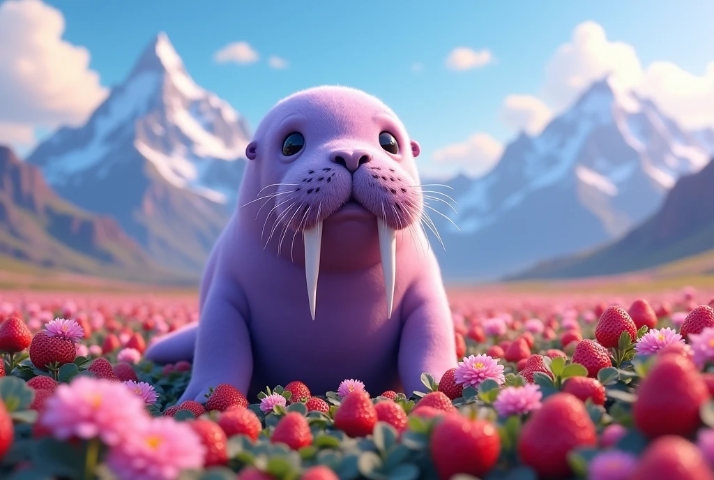 lavendar-purple coloured walrus in a strawberry fields facing the camera, pink and dark green flowers in the background, style raw, 8 k ultra detailed, environment design illustration, scenery art detailed, concept-art, 4k highly detailed digital art, 4 k digital painting, 4k digital painting, stunning digital illustration, mountainous background, digital painting concept art, Detailed digital painting