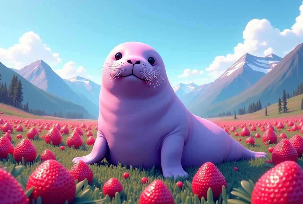 lavendar-purple coloured walrus in a strawberry fields facing the camera, pink and dark green flowers in the background, style raw, 8 k ultra detailed, environment design illustration, scenery art detailed, concept-art, 4k highly detailed digital art, 4 k digital painting, 4k digital painting, stunning digital illustration, mountainous background, digital painting concept art, Detailed digital painting