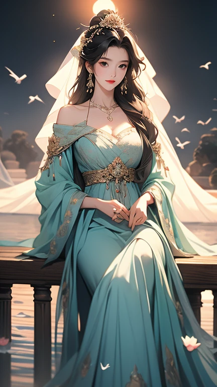 ( masterpiece,Highest quality,,8k,High resolution),One female,,Compassionate Mother Kannon,Black Hair,,Wave,,water,,flower,bird,,moon,,jewelry,Holding,Long sleeve,Veil,necklace,Lotus,Long Hair,dress,(whole body),Highly detailed CG,