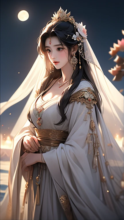 ( masterpiece,Highest quality,,8k,High resolution),One female,,Compassionate Mother Kannon,Black Hair,,Wave,,water,,flower,bird,,moon,,jewelry,Holding,Long sleeve,Veil,necklace,Lotus,Long Hair,dress,(whole body),Highly detailed CG,