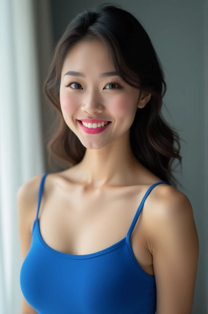 Japanese woman,big bbw, Beautiful face,pink lipstick, Use ,blue tank top,seems to be fashionable, with background, photo studio,UHD,