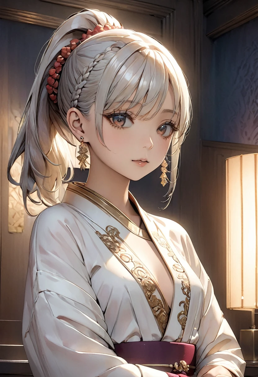 (best quality, masterpiece:1.2), Ultra-high resolution, actual, Front lighting, intricate details, Exquisite details and textures, 1 girl, alone ,(young), Face highlights, Upper Body, Detailed face, Tear moles, White skin, silver hair, ponytail, Braided hair, looking at the audience, big eyes, silk robe, (Hollow pattern, White, silk), earrings, Small Breasts, slim, Luxury room, professional lighting, Photon Mapping, Light energy transfer, Physically based rendering,