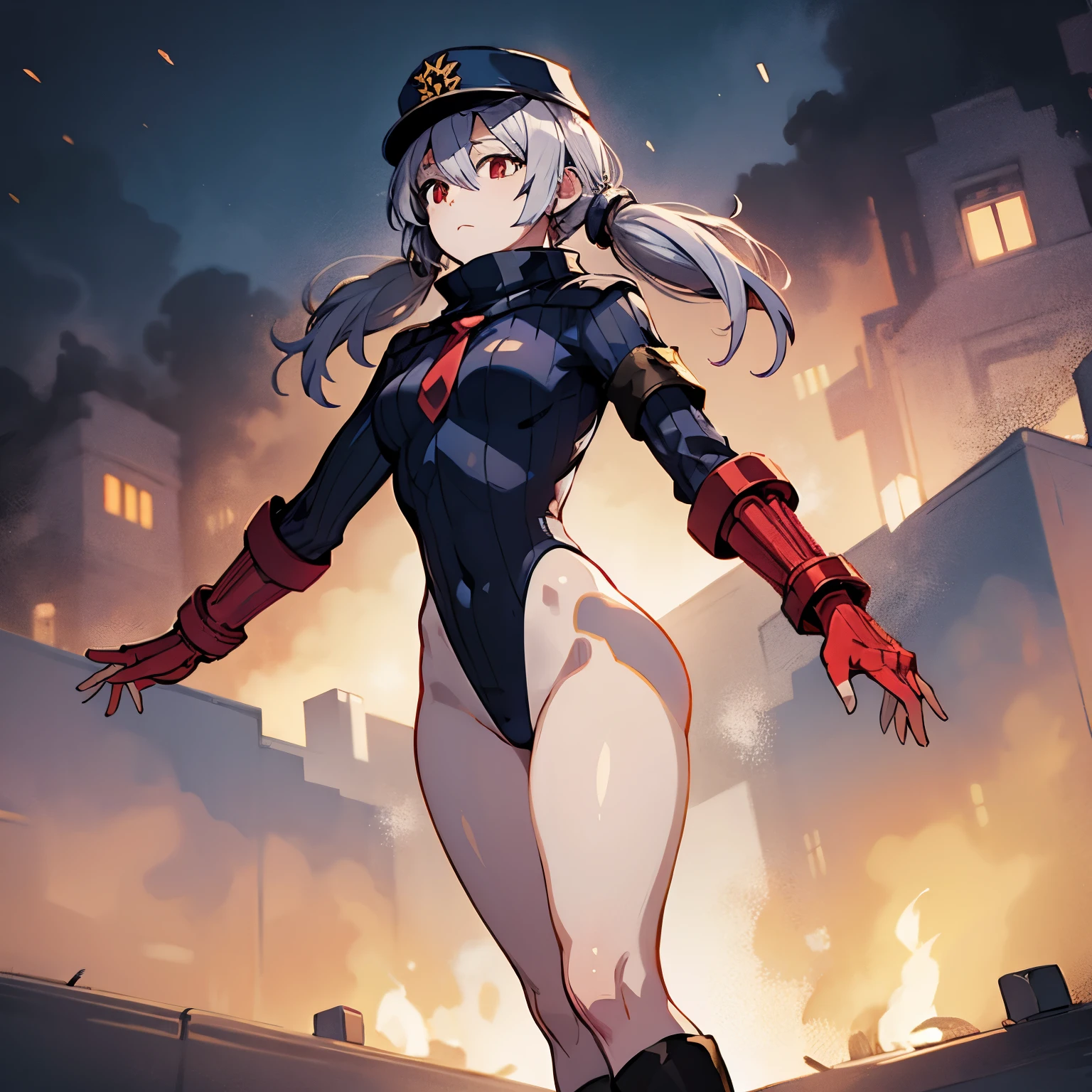 best detailed, Highly detailed,Beautiful body,Beautiful Nose,perfect eyes,perfect face,ultra highres,beautiful legs,Perfect hands,Masterpiece,illustration,,perfect anatomy,street fighter,doll suit,shadaloo doll,dollsuit,expressionless,empty eyes,blank eyes,red gloves,boots,emotionless,black latex,corruption,mind control,female combatant,hypnotized,unhappy trance,full body suit,obey,extremely glossy latex,hypnosis,hypnoLora,Slave,necktie,yellow tie,military,dark persona,full body,looking at viewer,standing pose, Fighting Stance,(((pixel-perfect, detail-perfect))),solo,(roze),1girl,silver hair, long hair, twintails, hair between eyes, red eyes, black cap, twin black muffler,black scarf,city background