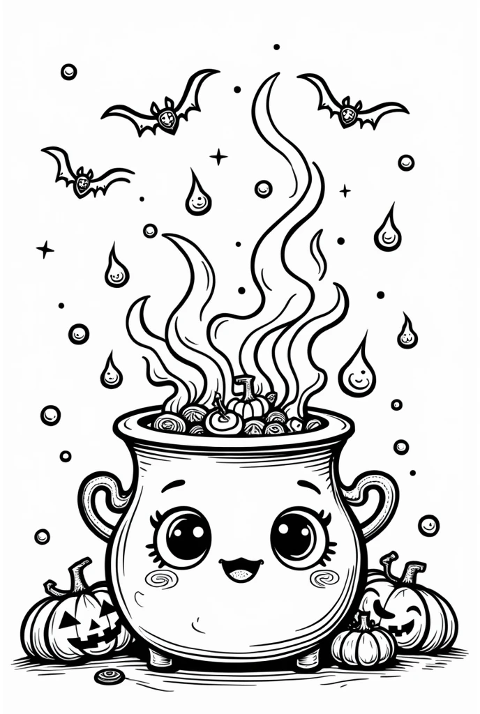 Cute and kawaii halloween magic potion cauldron coloring Page, simple for toddlers, bold and easy, black bold lines White background, for a coloring book black and white, líne art, only outlines, but the design is simple and bold, no greyscale