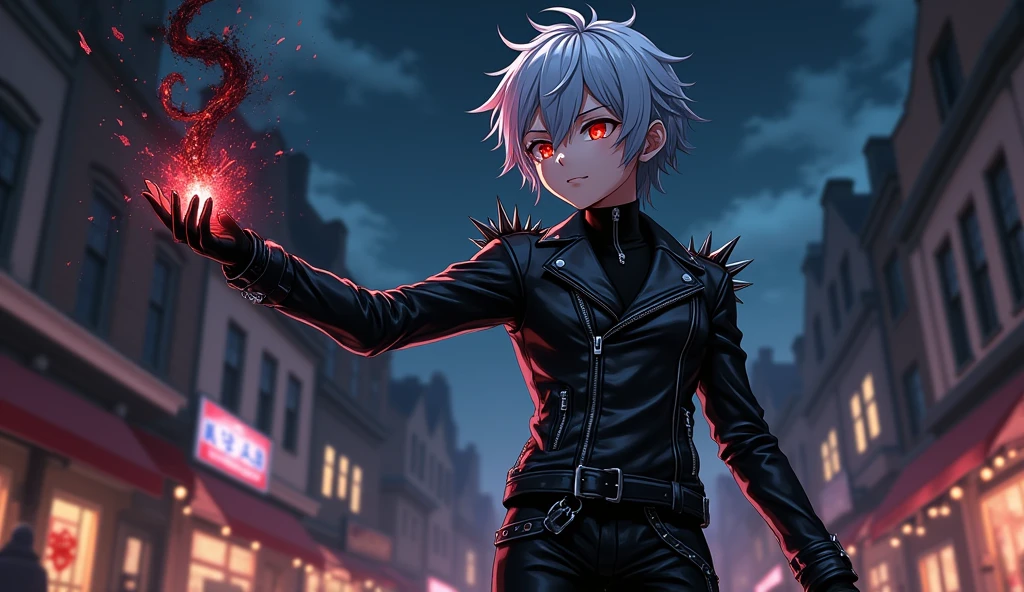  The anime character with gray hair,Eyes red,wears a black leather jacket with spikes,summons black fire in their hand 