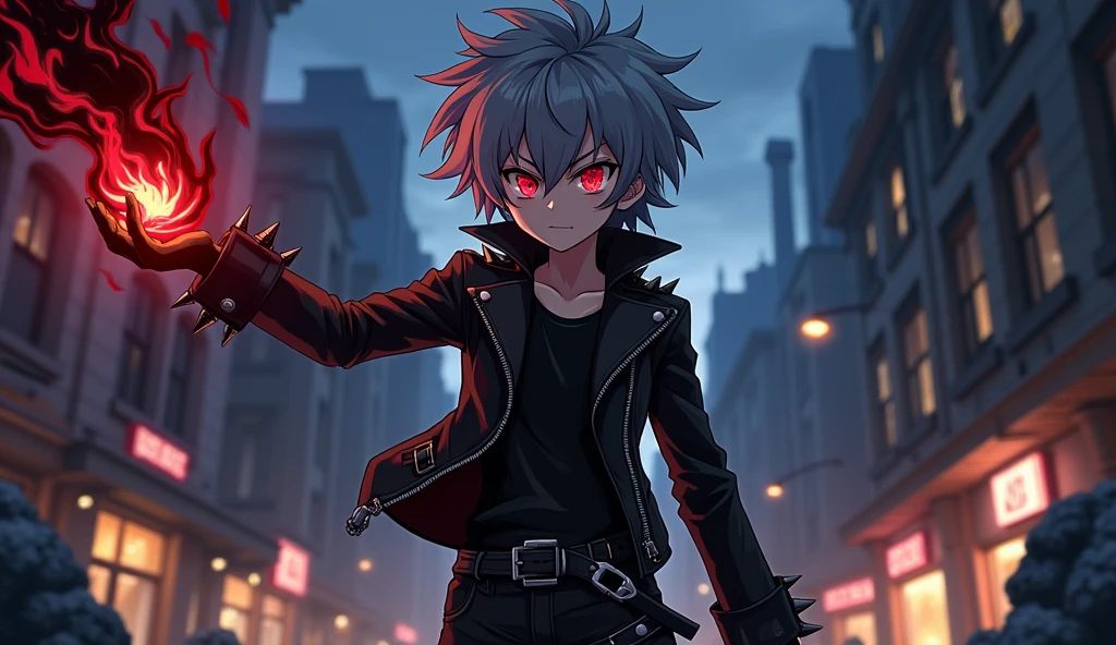  The anime character with gray hair,Eyes red,wears a black leather jacket with spikes,summons black fire in their hand 