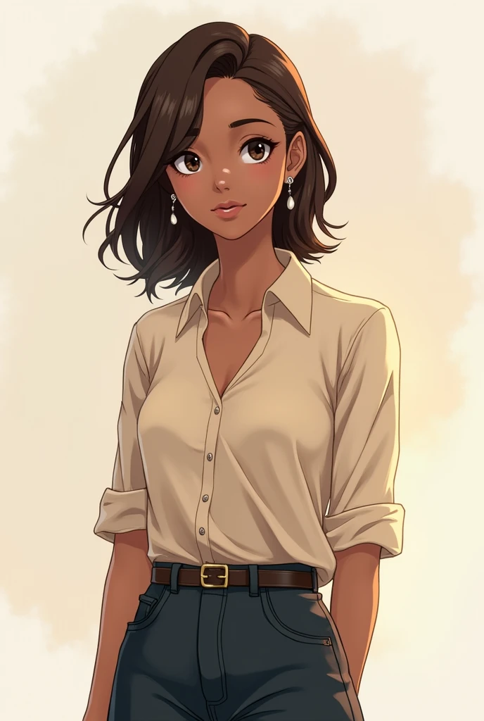 Make an anime character with the following characteristics The character's hair is medium and slightly messy, but without waves. It falls straight and natural around the face, with a few strands falling softly over the shoulders. The tone is deep and rich, complementing your dark brown skin tone. Your skin has a dark brown tone, smooth and uniform, reflecting a natural, healthy glow. She wears a casual and modern blouse in a neutral tone., like brown, dark gray or beige, that harmonizes with your skin tone. The pants are well fitted and comfortable, like dark denim or twill, offering a practical and sophisticated style. The character wears small, camouflaged earrings that are, in truth, her miracles. These earrings are discreet and well integrated into your style., functioning as normal accessories while hiding their true function. Your posture is naturally graceful and confident., com movimentos fluidos e elegantes. His gaze is expressive and reveals intelligence and determination.. His presence is striking, balancing charm and an aura of leadership without blue streaks.