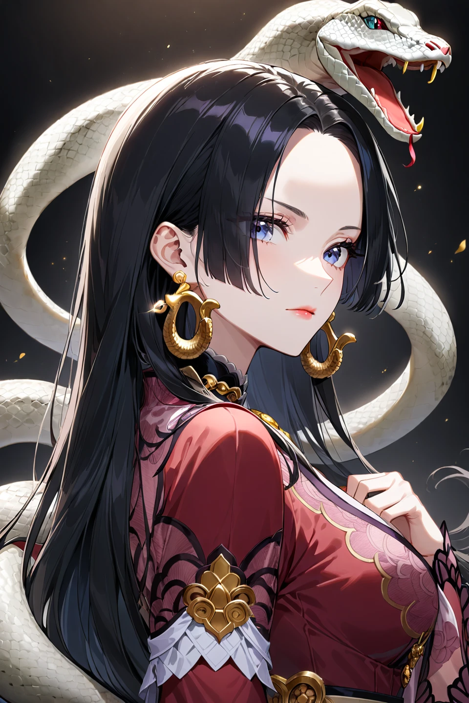 1girl, boa hancock, jewelry, solo, earrings, long hair, black hair, blue eyes, portrait, snake, looking at viewer, closed mouth, ((medium quality)), ((medium quality))
