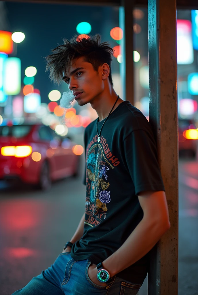 Young man as a rockers(spikes hair) is smoking, wearing printing t-shirts and tight jeans with emblems, sitting on the shelter near the traffic lights and marks, neon loghts headphones on his neck, wearing smartwatch, boots, lot of cars in the streets