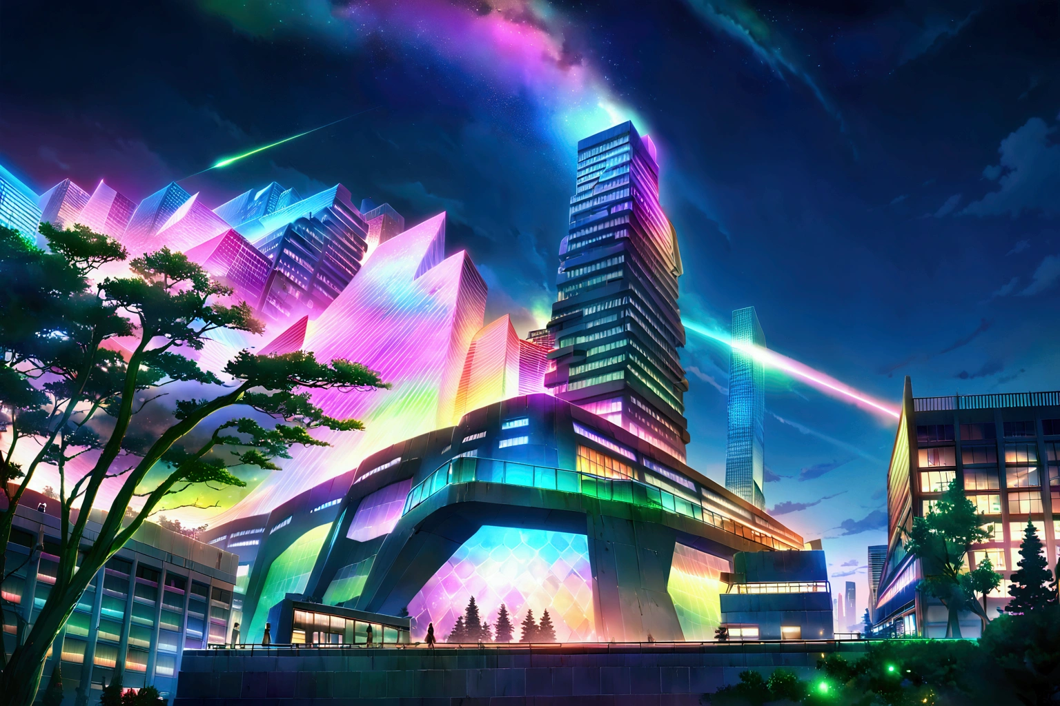 A highly detailed anime- Architecture, Ghibli studio style, masterpiece, official art, professional, ((ultra-detailed)), 8k, , city where everything is made of concrete, reflective surfaces and mirrors, creating infinite reflections and a sense of endless space. The architecture is abstract and futuristic, with floating buildings and pathways made of light. The sky is a shifting blend of colors, with auroras and shimmering lights creating an ethereal atmosphere. The city is inhabited by ethereal beings who navigate the mirrored landscape with grace and fluidity