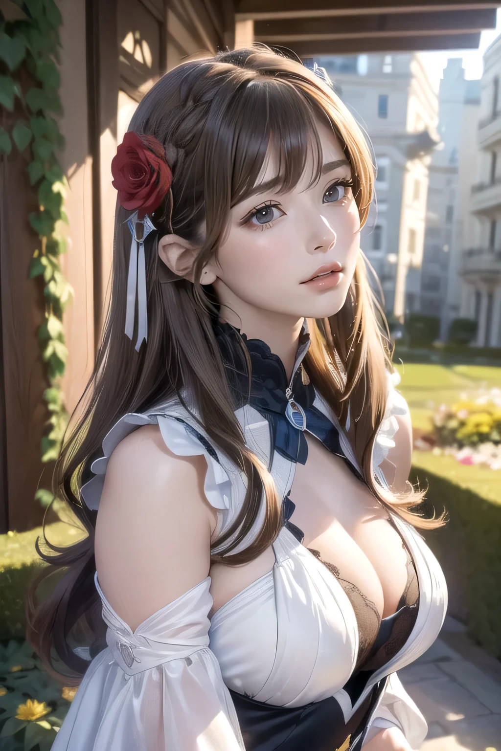 (masterpiece, Highest quality),8Kmasterpiece、Ultra-high resolution、(Realistic:1.3)、RAW Photos、Beautiful woman 1 person、(((Shiny Hair Brown long hair、Delicate texture、Voluminous Hair:1.2、Thick Hair:1.2 )))、Glowing Skin、1. Super beautiful cyberpunk soldier、((Ultra-Realistic Details))、Portraiture、Global Illumination、Shadow、Octane Rendering:1.2, Ultra Sharp、Beautiful breasts、Bare skin exposed at the cleavage、metals、Cool colors、、Very intricate details、Realistic Light、CGSoation trend、Beautiful Eyes、Big bright eyes、A gentle gaze toward a lover:1.2 、Accentuate the eyes:1.2、(((Look straight at the camera:1.2、Strike a pose for the camera:1.2))))、Long neck、Laugh a little、Please close your mouth and laugh:1.2、Ideal body type 、Neon Details、((Kissing expression))、((Red pupils))、( Shrug:1.2)、Expose your shoulders, Cleavage:1.2、Tight waist、 Beautiful details, Chest Details, (A beautiful damask dress with a deep neckline and random colors..:1.4), very good, , (Camel toe details), Very detailed, Highest quality, Tabletop, ((( background、A spacious space with greenery and flower beds々A beautiful garden and:1.4、garden 、wind , From the side 、The best hallucination:1.6、Mysterious world view:1.6、spiritual),(dream:1.5、mysterious、romantic)))