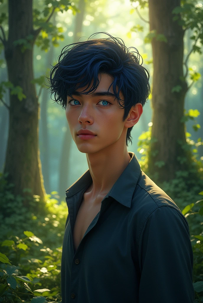 A realistic-looking adult boy with blue eyes and dark blue hair, slightly long, with a forest background. A handsome boy with dark blue hair. 