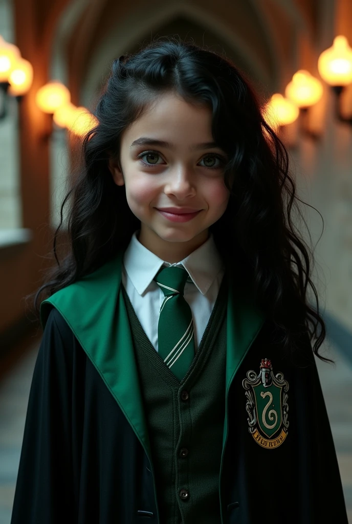 A girl with long, curly black hair wearing a Slytherin uniform. (with Jhulienny's face)