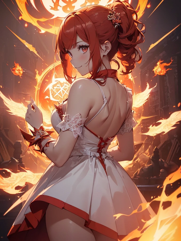 (((best quality, sharp image, clear image, cinematic lighting, 8k resolution, masterpiece, ultra detailed, intricate))) Girl, (((looking over left shoulder))), (shot from behind), ((half shot)), fiery red hair, pigtails, ((white dress)), ((flaming sigils, flaming runes)), spiky rock formations, (flaming lotus flowers frame), (intricate background), ((Phoenix)), (swirling flames), smiling