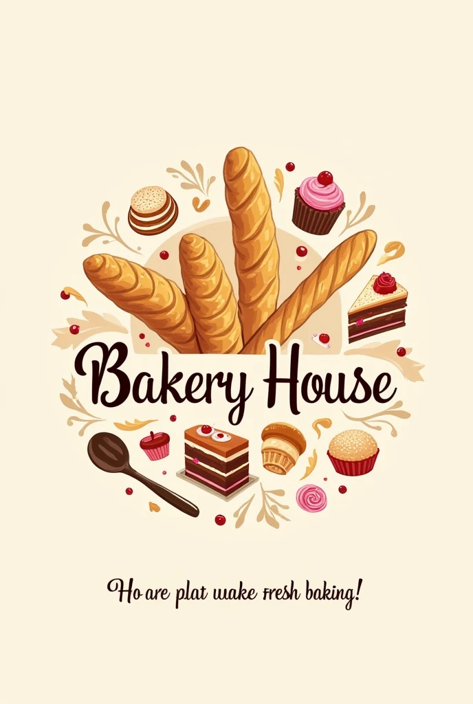 Store Name: Bakery House
Design Elements:
Central Focus: A large, elegant logo of the Bakery House name in a stylish, bakery-themed font.
Bread Stickers: Illustrations of various bread types like baguettes, loaves, and croissants, possibly with golden-brown textures.
Cake Stickers: Depictions of cakes, including layered cakes with frosting, cupcakes, and cake slices, with vibrant colors and decorative elements.
Background: A warm, inviting background color like soft cream or pastel, with subtle patterns like flourishes or baking utensils.
Arrangement:
Top Section: Store name prominently displayed with decorative flourishes.
Middle Section: A mix of bread and cake stickers scattered playfully around.
Bottom Section: Perhaps a small, inviting slogan or tagline related to fresh baking.