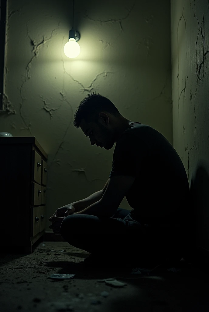 A person in a dark room, injecting drugs, with visible despair in their eyes