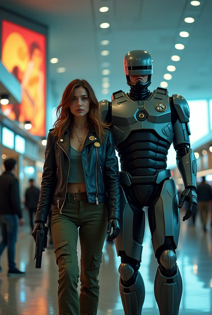 Robocop with an American woman are at Hong Kong International Airport