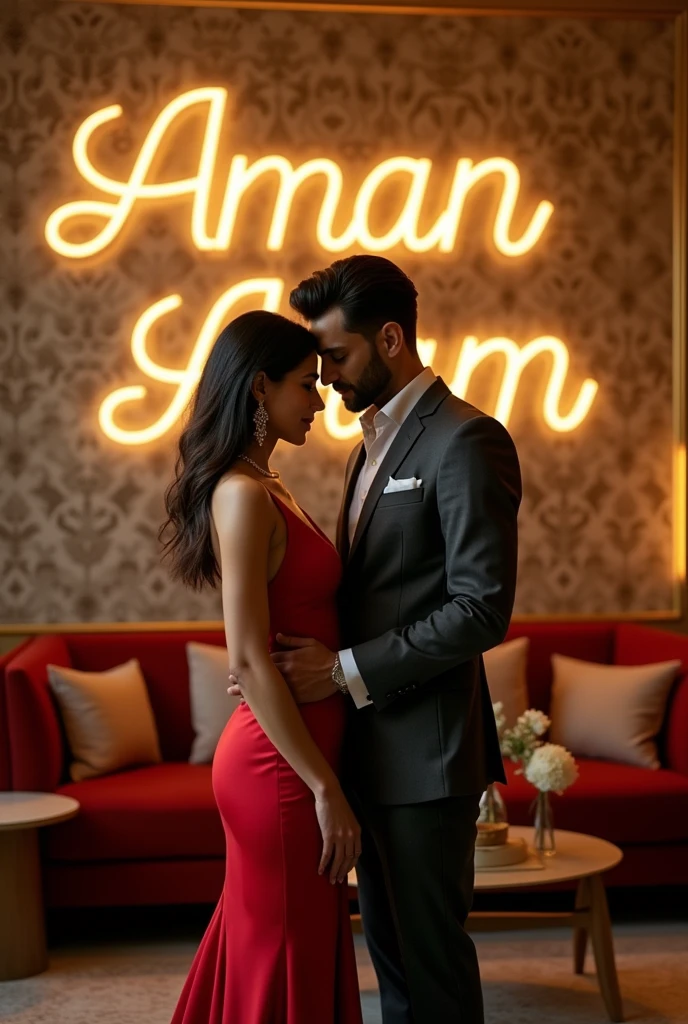 A couple standing together in a room, with the Woman wearing a hot, stylish dress and the Man dressed to complement her, making them look like a matching couple. In the background, the names 'Aman' and 'Anam' are clearly and fully displayed in bold, elegant letters, seamlessly integrated into the room’s design, creating a cohesive and intimate 3D scene