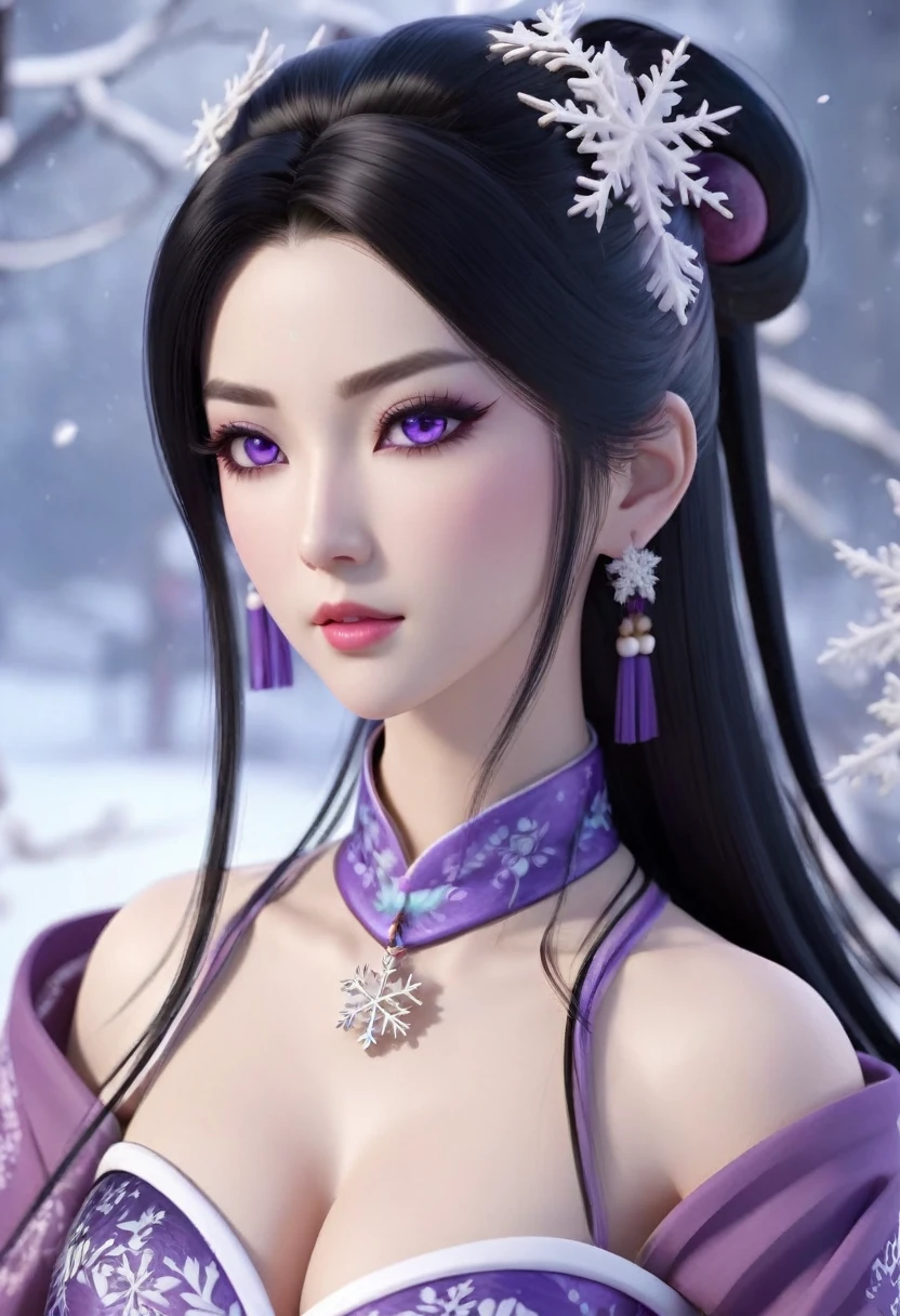 anime human woman. half-up long black hair. fair skin. purple eyes. gigantic boobs. Wuxia clothes. snowflake necklace. mauve lips. Realism style. 3D anime model style. CGI animation. Wuxia style.