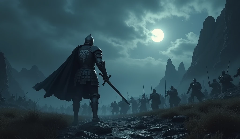 A highly realistic, high-contrast, 8K HD, detailed, hyper-detailed image of a lone knight fighting against multiple enemies under the cover of night, giving everything he has for the honor of his kingdom. The knight, clad in steel armor with a lion emblem on his chest, is surrounded by foes on all sides, yet he stands resolute, wielding his sword with fierce determination. The dramatic landscape around him is illuminated only by the faint light of the moon and stars, with rugged terrain and ominous skies heightening the intensity of the battle. The atmosphere is tense and heroic, capturing the knight's courage and unyielding spirit as he fights against overwhelming odds in the darkness. The image is of the highest quality, with ultra-high resolution, RAW photo quality, and Unreal Engine rendering, portraying the lone knight's valor and the epic nature of his struggle under the night sky.
