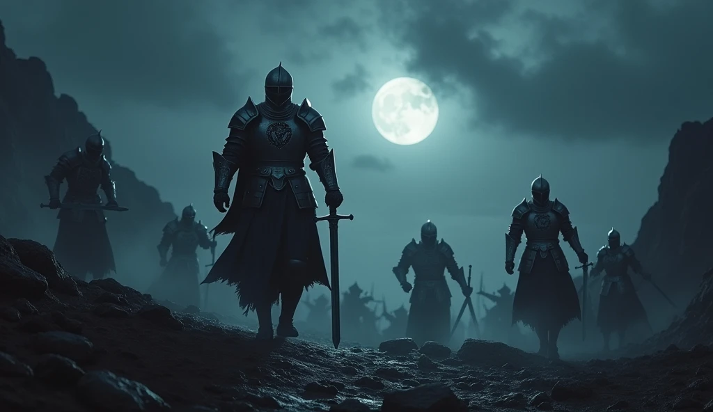 A highly realistic, high-contrast, 8K HD, detailed, hyper-detailed image of a lone knight fighting against multiple enemies under the cover of night, giving everything he has for the honor of his kingdom. The knight, clad in steel armor with a lion emblem on his chest, is surrounded by foes on all sides, yet he stands resolute, wielding his sword with fierce determination. The dramatic landscape around him is illuminated only by the faint light of the moon and stars, with rugged terrain and ominous skies heightening the intensity of the battle. The atmosphere is tense and heroic, capturing the knight's courage and unyielding spirit as he fights against overwhelming odds in the darkness. The image is of the highest quality, with ultra-high resolution, RAW photo quality, and Unreal Engine rendering, portraying the lone knight's valor and the epic nature of his struggle under the night sky.