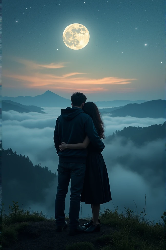 A boy and a girl see's after a longtime from a top of a mountain of kerala🥹 they hugged and kissed each other the mountains are filled with the fog of kerala and the moon is blooming pleasenty the boy wears a black hoodie and the girl with black dress it's not night it's evening to night