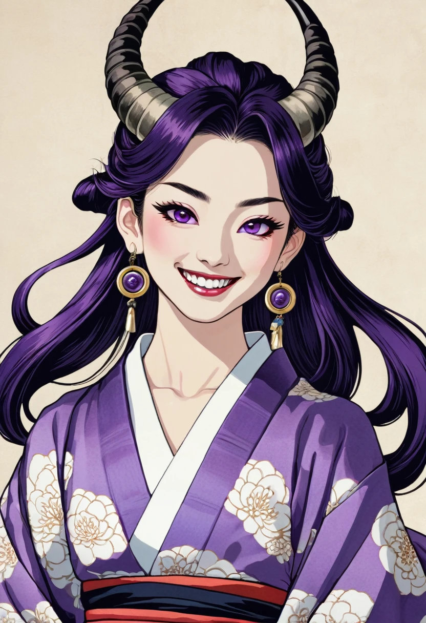 High resolution, smile, Earrings, Ukiyo-e, Horns of the beast, Purple eyes, tooth,