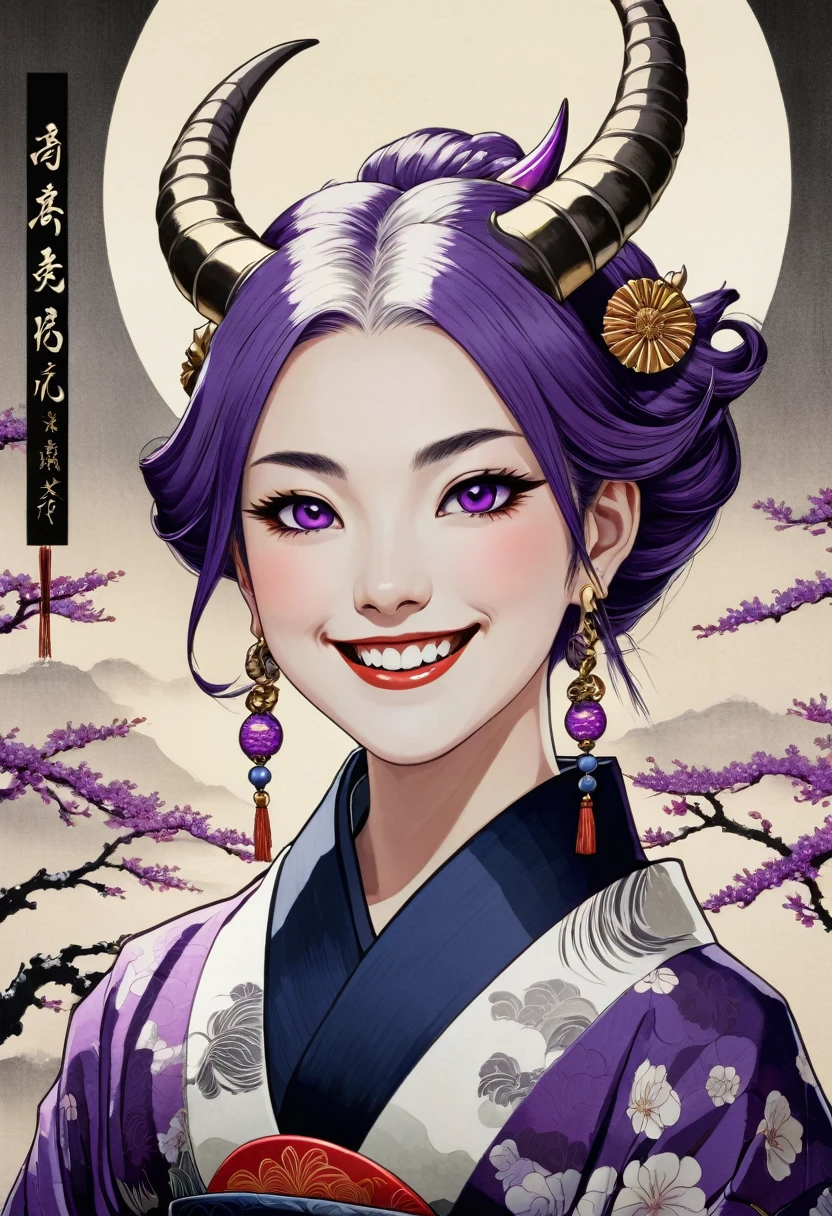 High resolution, smile, Earrings, Ukiyo-e, Horns of the beast, Purple eyes, tooth, 