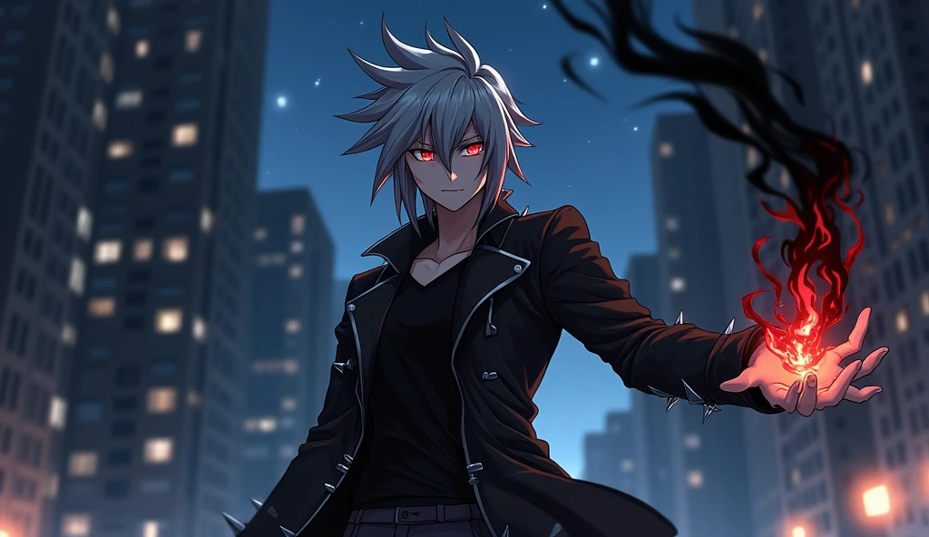  The anime character with gray hair,Eyes red,wears a black leather jacket with spikes,summons black fire in their hand 
