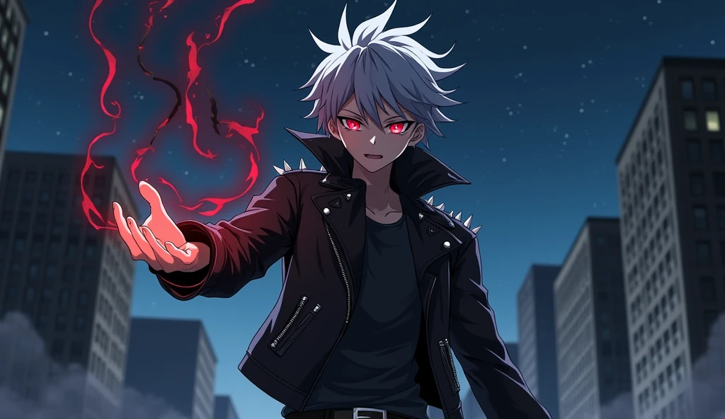 The anime character with gray hair,Eyes red,wears a black leather jacket with spikes,summons black fire in their hand