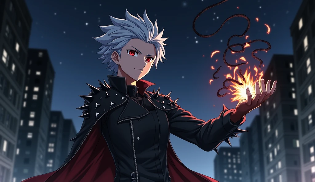 The anime character with gray hair,Eyes red,wears a black leather jacket with spikes,summons black fire in their hand