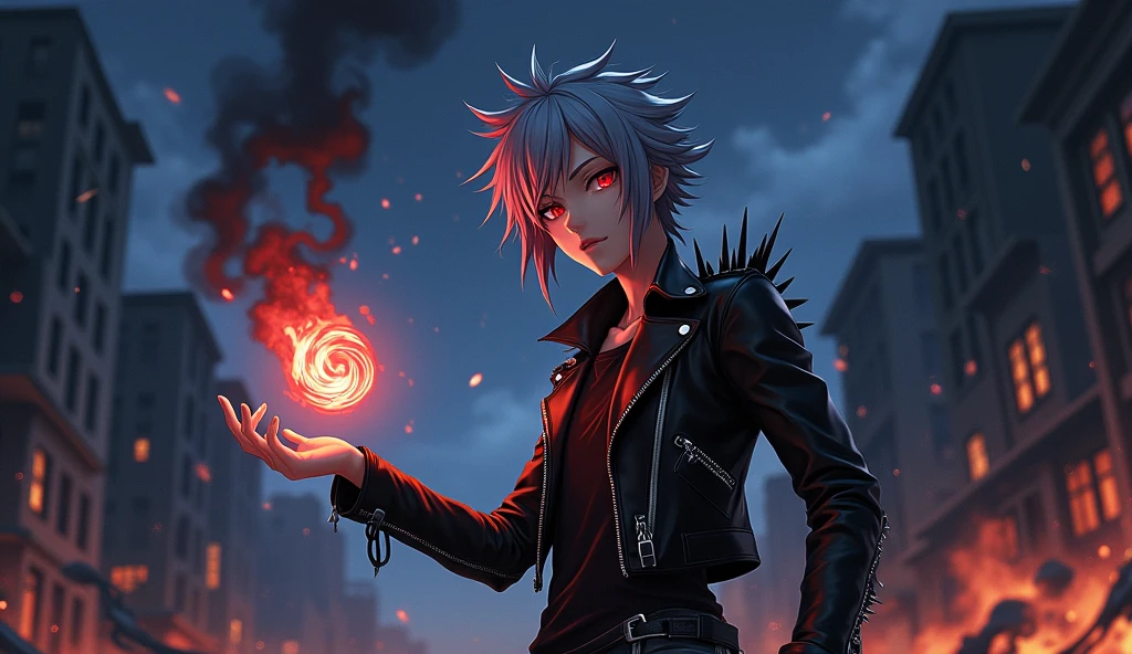 The anime character with gray hair,Eyes red,wears a black leather jacket with spikes,summons black fire in their hand