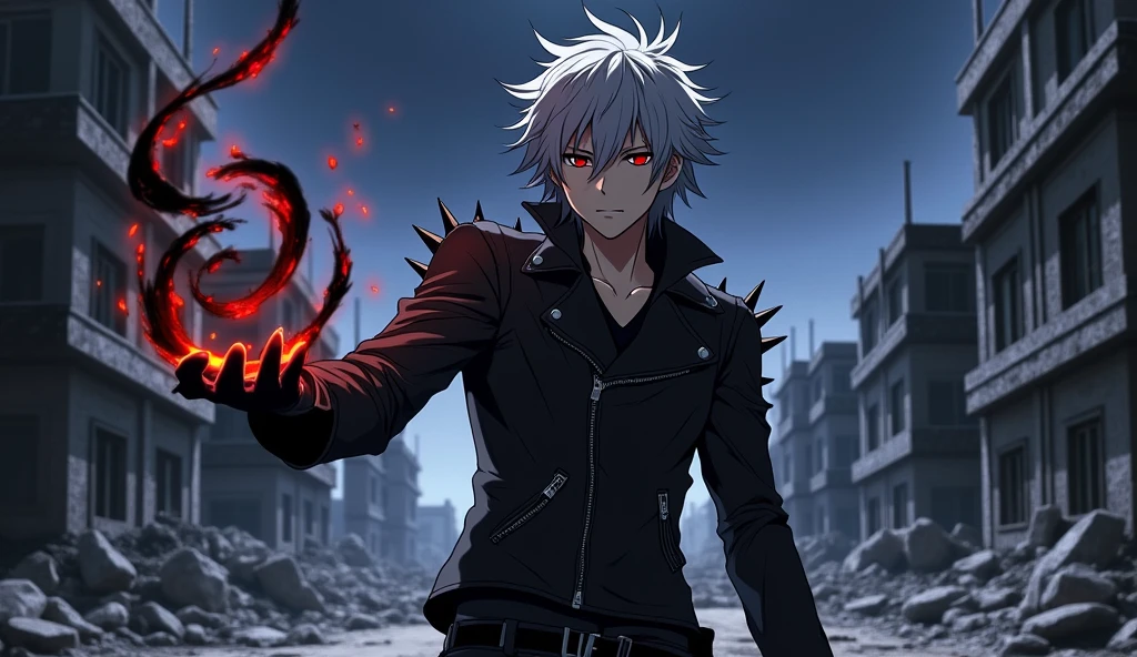  The anime character with gray hair,Eyes red,wears a black leather jacket with spikes,summons black fire in their hand 