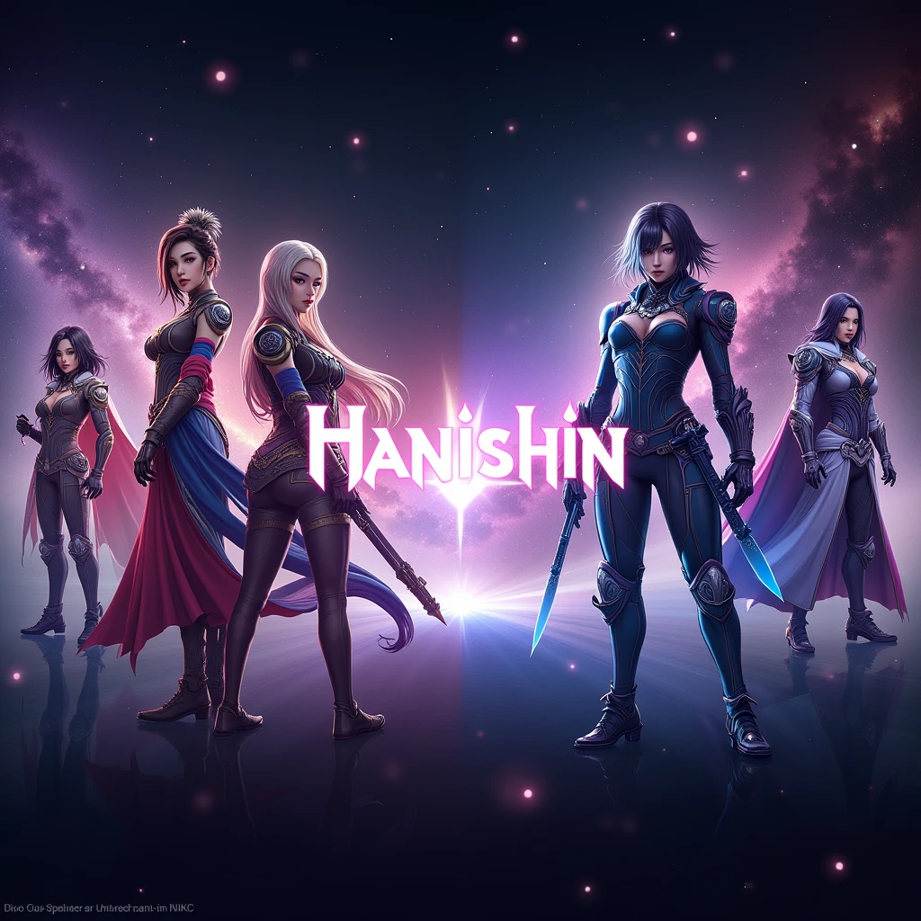 "A YouTube banner with a resolution of 2560x1440 pixels. The banner features female characters from Black Desert on the left side and from Nikke: The Goddess of Victory on the right side. In the center, the word 'Hanishin' is displayed in a bold, futuristic font. The background is a vibrant galaxy, filled with stars and cosmic colors. The overall aesthetic is dynamic, blending elements of these two games with a cosmic theme."