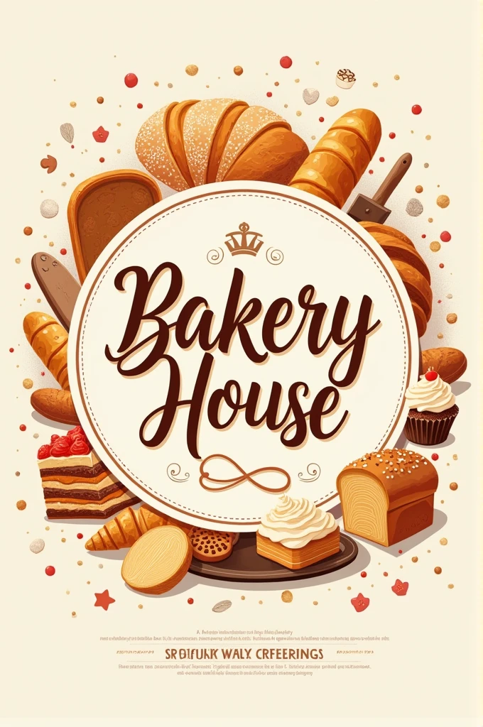 
Store Name: Bakery House

Design Elements:

Central Focus: A large, elegant logo of the Bakery House name in a stylish, bakery-themed font.

Bread Stickers: Illustrations of various bread types like baguettes, loaves, and croissants, possibly with golden-brown textures.

Cake Stickers: Depictions of cakes, including layered cakes with frosting, cupcakes, and cake slices, with vibrant colors and decorative elements.

Background: A warm, inviting background color like soft cream or pastel, with subtle patterns like flourishes or baking utensils.

Arrangement:

Top Section: Store name prominently displayed with decorative flourishes.

Middle Section: A mix of bread and cake stickers scattered playfully around.

Bottom Section: Perhaps a small, inviting slogan or tagline related to fresh baking.

