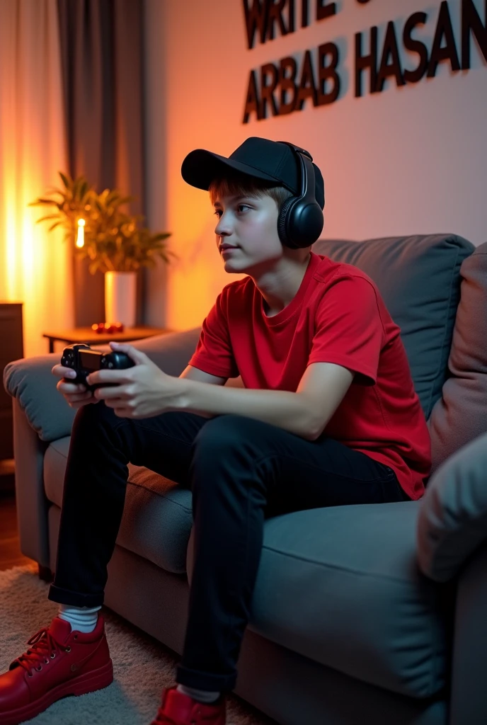(photorealism:1.2), stylish boy, sitting on sofa in gaming room, wearing red shirt , black pants,red sneakers, black cap,indoors, soft lighting, playing pubg on ps4,cozy room, gaming pose, realistic, intricate details, warm colors, WriteArbab Hassan with capital fonts on the wall.
