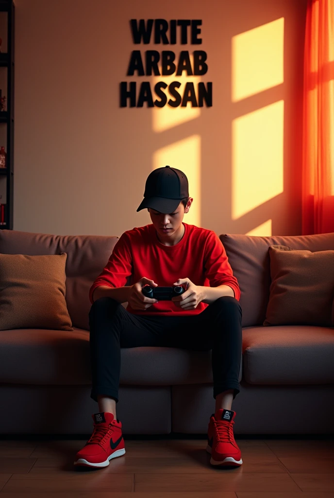 (photorealism:1.2), stylish boy, sitting on sofa in gaming room, wearing red shirt , black pants,red sneakers, black cap,indoors, soft lighting, playing pubg on ps4,cozy room, gaming pose, realistic, intricate details, warm colors, WriteArbab Hassan with capital fonts on the wall.
