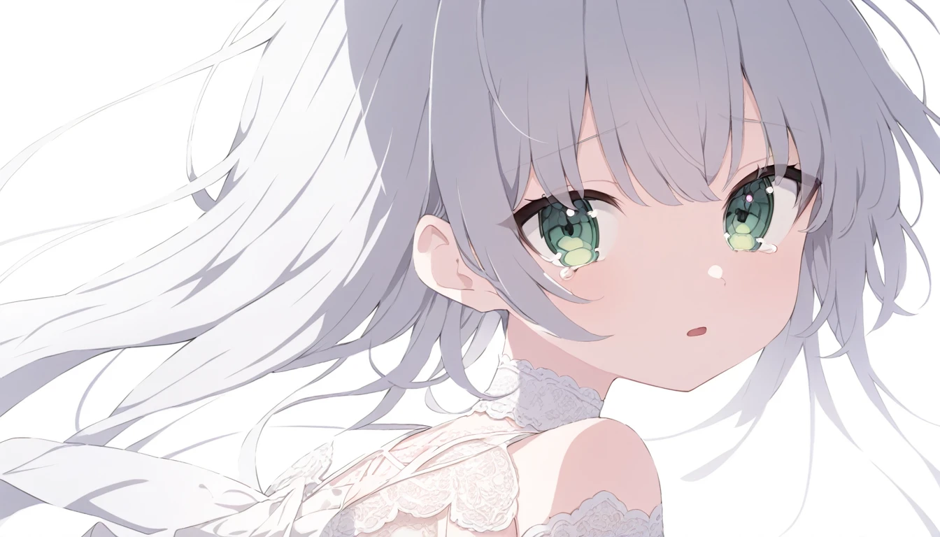 Pale gray hair Slightly bluish, Dark green eyes Eyes wide open White choker Expressionless Tears running down my cheeks Looking into the camera look back A white dress with thin white lace Slightly open mouth Tears flowing abundantly