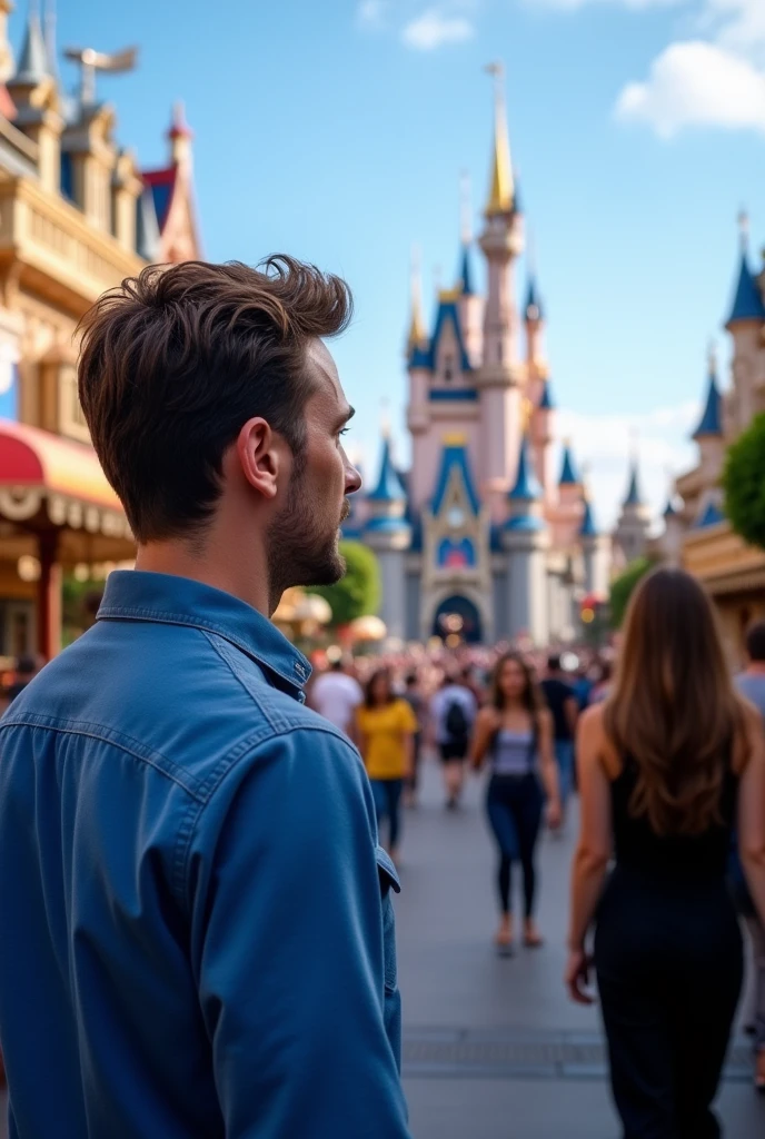 A man named Steve with blue shirt sees a girl named Emily wearing black clothes from far away
At Disneyland usa