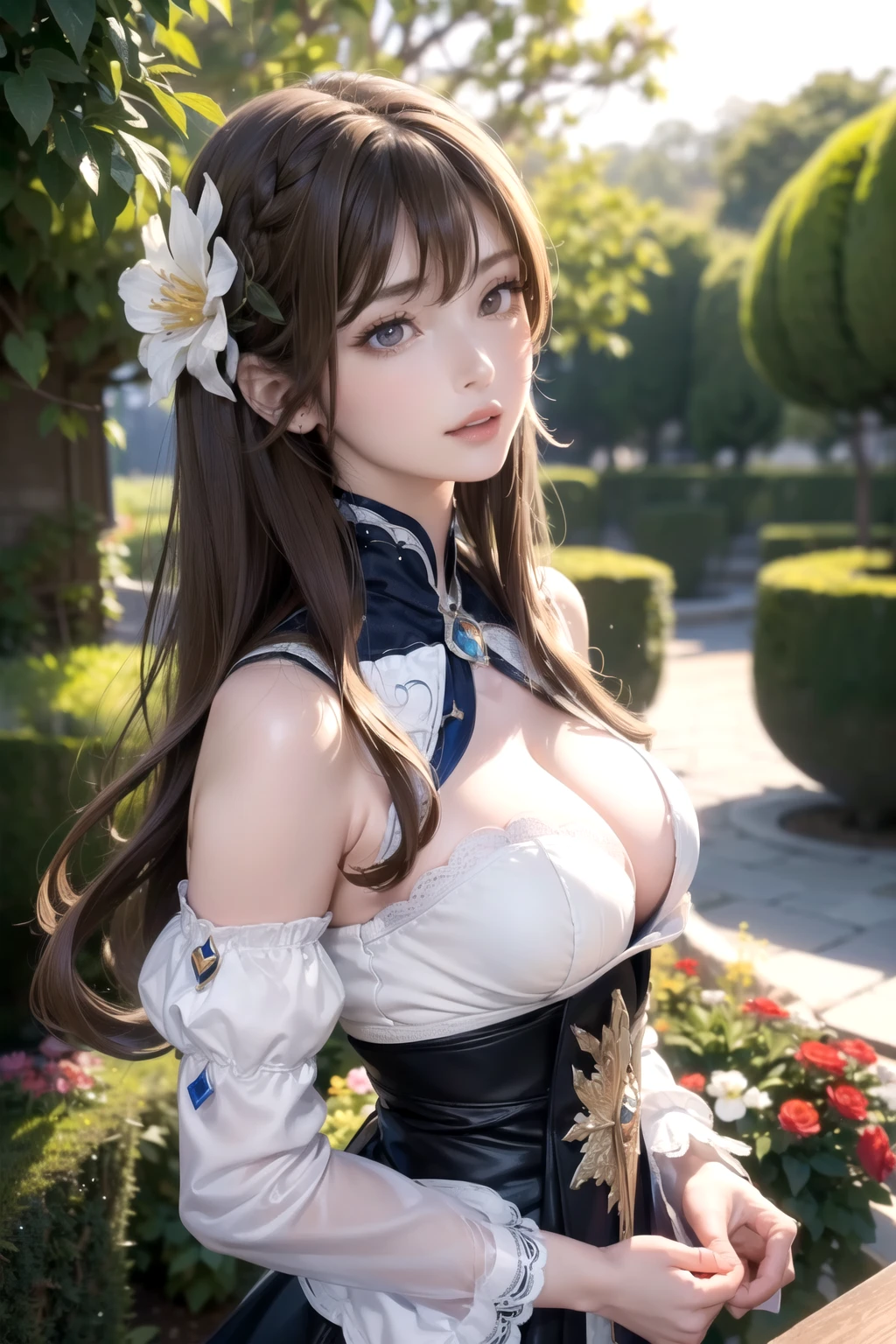 (masterpiece, Highest quality),8Kmasterpiece、Ultra-high resolution、(Realistic:1.3)、RAW Photos、Beautiful woman 1 person、(((Shiny Hair Brown long hair、Delicate texture、Voluminous Hair:1.2、Thick Hair:1.2 )))、Glowing Skin、1. Super beautiful cyberpunk soldier、((Ultra-Realistic Details))、Portraiture、Global Illumination、Shadow、Octane Rendering:1.2, Ultra Sharp、Beautiful breasts、Cleavageに露出した素肌、Metal、Cool colors、、Very intricate details、Realistic Light、CGSoation Trend、Beautiful Eyes、Big bright eyes、A gentle gaze toward a lover:1.2 、Accentuate the eyes:1.2、(((A posture with the camera facing straight ahead:1.2、Looking straight at the camera:1.2、Strike a pose for the camera:1.2))))、Long neck、Laugh a little、Please close your mouth and laugh:1.2、Ideal body type 、Neon Details、((Kissing expression))、((Red pupils))、( Shrug:1.2、Expose your shoulders ), Cleavage:1.2、Tight waist、 Beautiful details, Chest Details, (A beautiful damask dress with a deep neckline and random colors..:1.4), very good, , (Camel toe details), Very detailed, Highest quality, Tabletop, ((( background、A spacious space with greenery and flower beds々としたgarden園そして:1.4、garden 、Wind , From the side 、The best hallucination:1.6、mysterious世界観:1.6、spiritual),(dream:1.5、mysterious、romantic)))