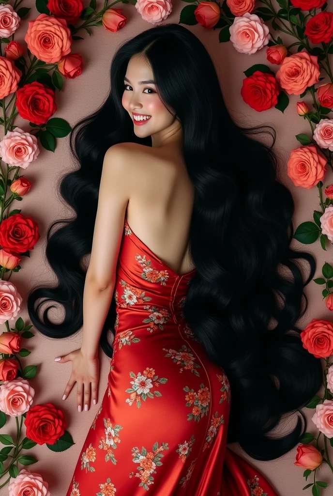 Pretty Asian women、Full body photo、Head to toe photos、Taken from about 4 meters away、ultra-realistic、. with hair Bun,(((The size of the bun is 6 times the size of his head))), a very large traditional bun hair bun ,with The longest black hair in the world、Hair longer than Rapunzel、She has very long black hair that covers her entire body...、Hair that is shampooed every day is so beautiful、I's hair isバラの香りがして、My very long black hair makes me look sexy.、My charm is my long black hair、Long black hair is a symbol of beauty、I'I am proud of my long black hair、This long hair length and volume is admired around the world.、Her very long black hair is fanned out、Smooth black hair that flows from shoulders to floor、I have a lot of hair、Cover the entire bed with hair、Hide your hands with your long hair、Hide your fingers with your long hair、A storm of black hair about to overflow from the screen、,Full body photo,超Super long hair、naked、the most Beautiful Hair in the world、Lie on your back in bed 、Long hair covering her vagina,wear red kebaya batik motif,Cover the whole body with straight hair、Very beautiful face、beautifully styled black hair、Very large amounts of hair、Super long hair that accentuates femininity'sexly、Slim figure、Beautiful and shiny hair、Bright lighting、Professional Lighting、Full body photo、Black hair contest winner、the place is a bedroom Made from flower、My hair is reaching the floor of flower and dragging、Full of black hair、She is leaning on the bed from flower, Show off your long hair.、The bed from flower is full of hair、Long black hair covers the whole body、Super long hair、Best image quality、highest quality、Highest Resolution、Ultra-realistic photos、Full body photo、1 girl、Very beautiful face、full rose on bed, Real Photo、Live-action,((large breast:1.6),((pose looking back over shoulder)),smile happy