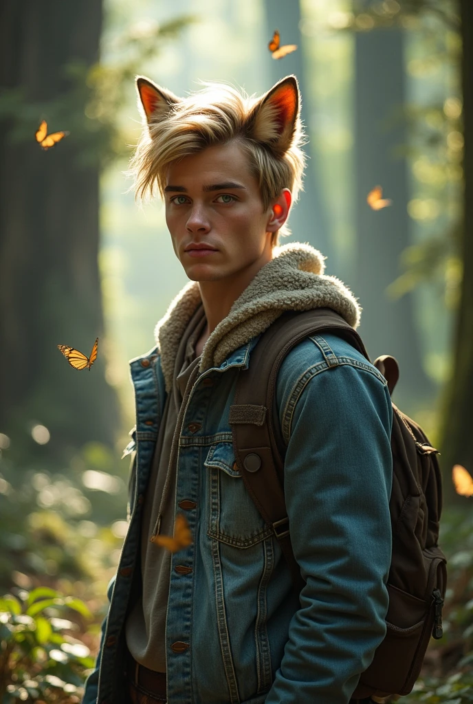 18-year-old blonde young man with blue eyes and wolf ears