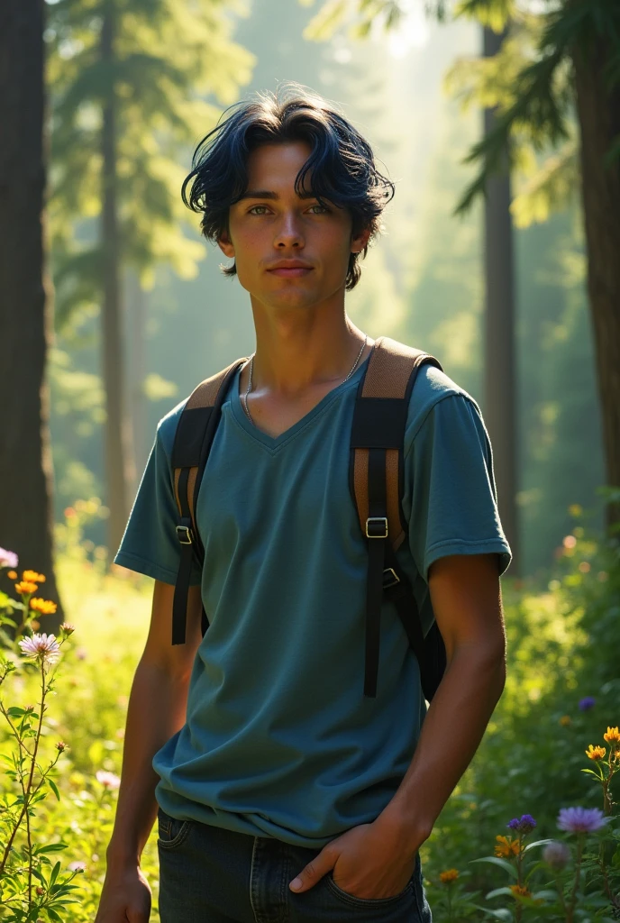 A handsome adult boy named Jake from camp misadventures with realistic looks with blue eyes and dark blue hair a little long with a forest background an attractive boy with dark blue hair